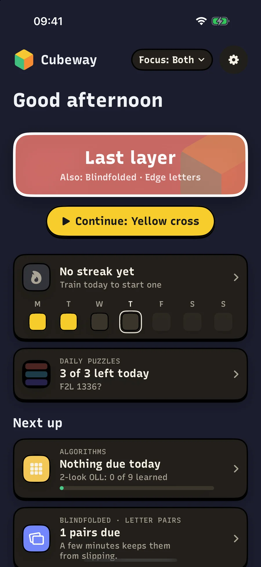 Home in dark mode: your level and the next step, this week, today's puzzles and what is next up.